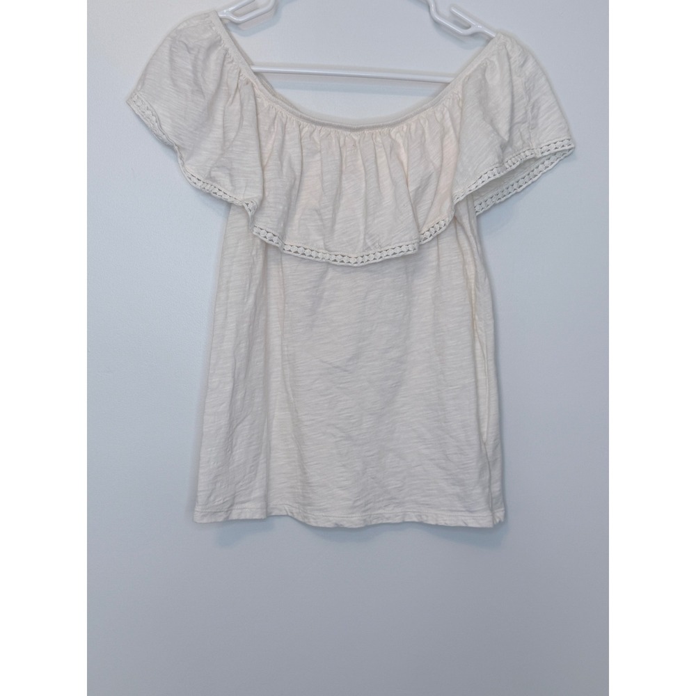 Old Navy Off The Shoulder Ruffle Lace Trim Slub Knit Top Cream XS [Excellent]